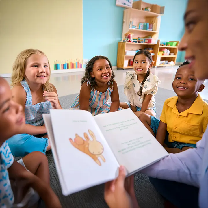 Teacher reading with excited students