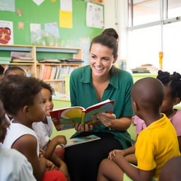 Teacher reading with an engaged group of students