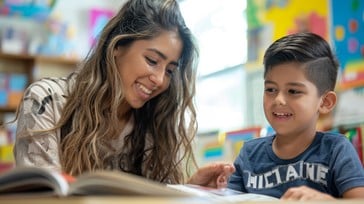 Teacher helping student read with excitement